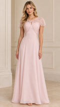 Full front view of blush pink beaded capelet A-line maxi evening gown