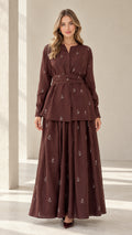Front full view of brown embroidered belted tunic and maxi skirt two-piece set