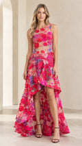Hot Pink floral embroidered high-low formal gown front view on model