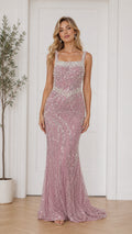Front view of dusty pink pearl beaded evening gown