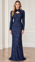 Front full-length view of navy blue long sleeve floral lace evening gown with keyhole cutout