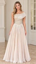 Front view of model wearing Champagne one-shoulder pleated beaded evening gown