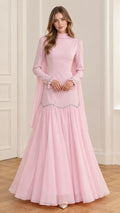 Front full view of pink high-neck long-sleeve embellished drop waist evening gown