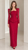 Front view of model wearing burgundy lace peplum two-piece maxi dress set