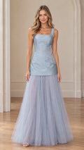 Dusty blue square neck drop waist evening dress with beaded floral detail and full tulle skirt front view