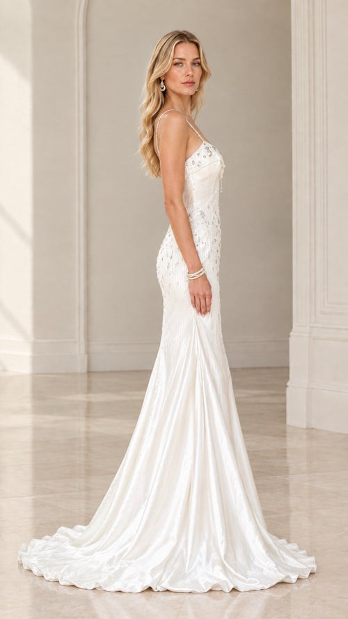 Side profile of woman wearing ivory satin trumpet formal dress