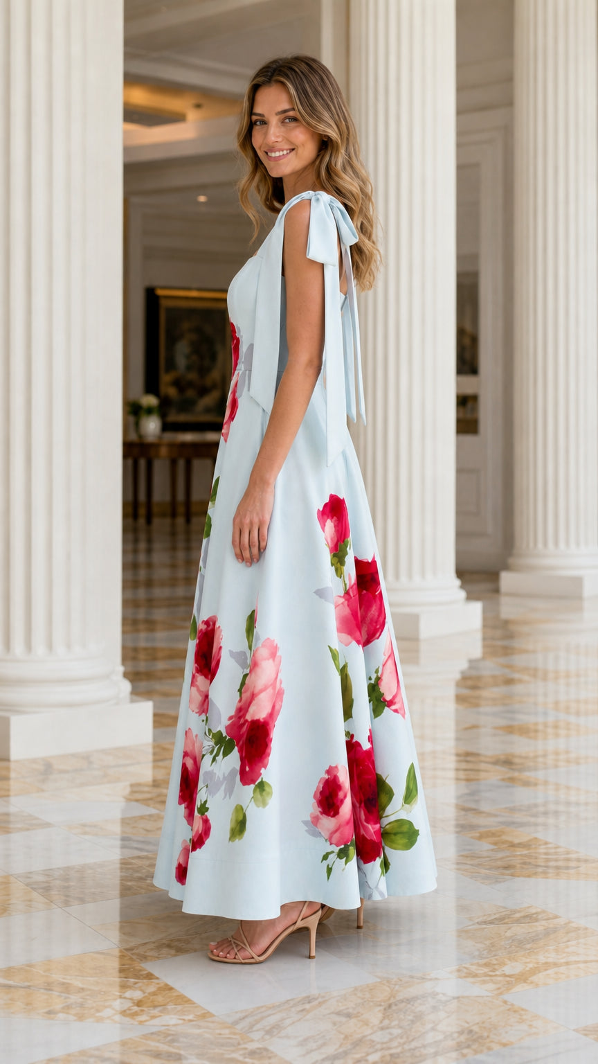 Side profile view of light blue floral maxi dress