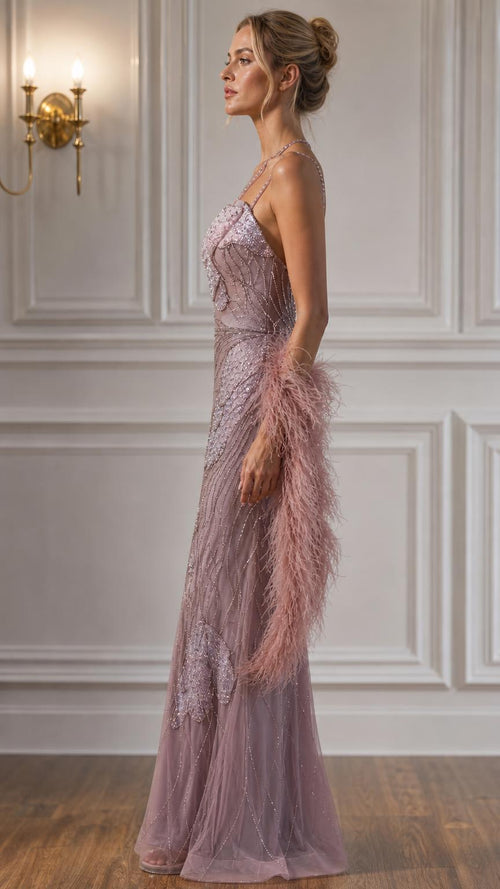Model wearing mauve evening gown side profile view