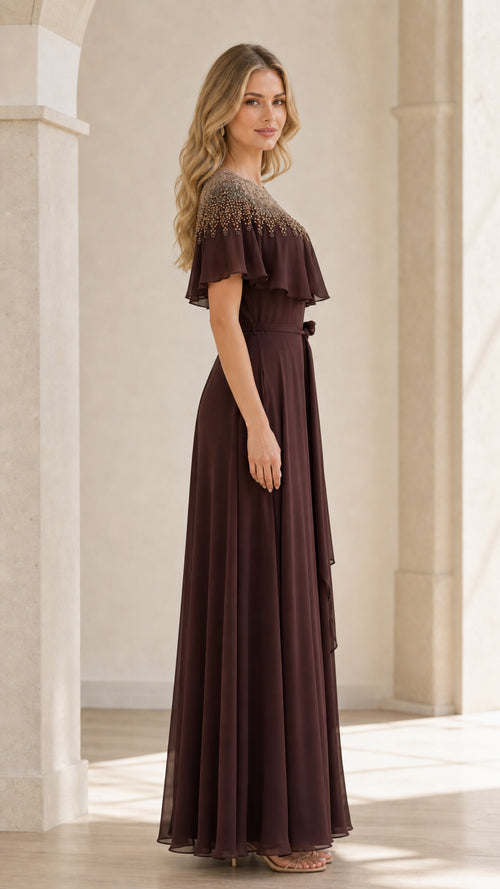 Side profile view of brown evening gown