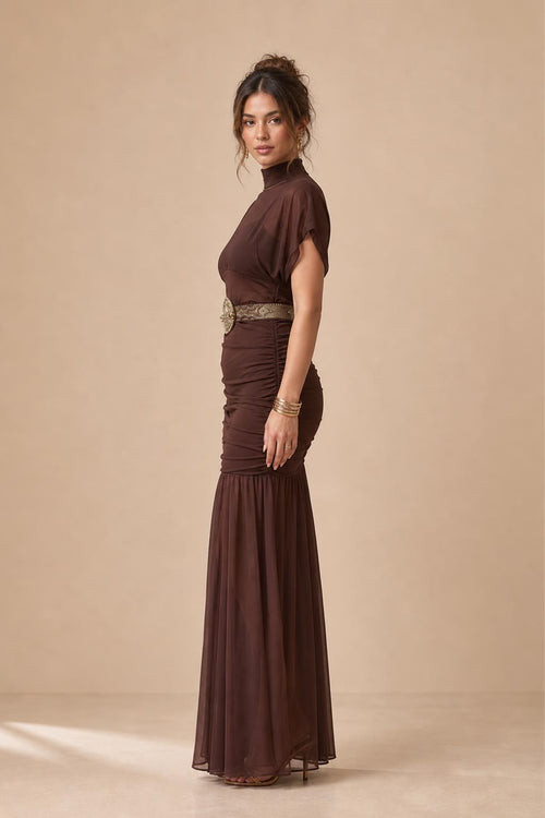Side profile view of the brown mesh maxi dress