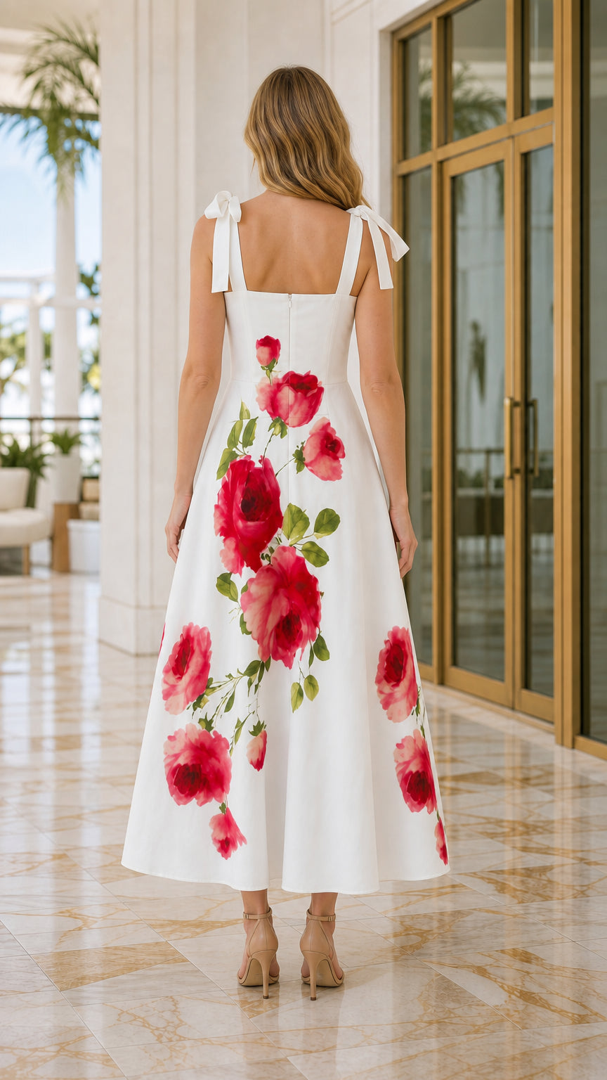 Back view of white floral maxi dress