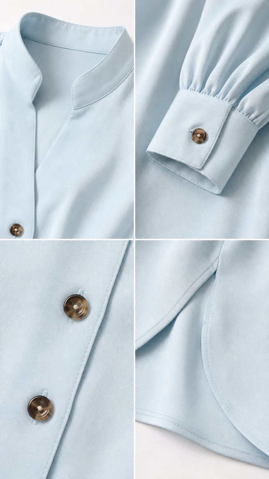 Close-up details of light blue blouse collar, buttons, cuffs, and hem