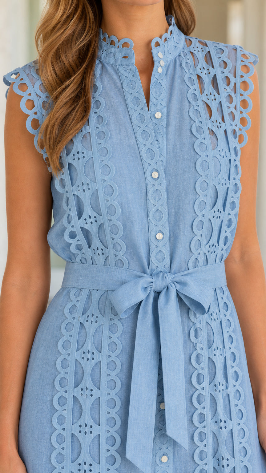 Close-up detail of bodice and self-tie belt on Light Blue dress