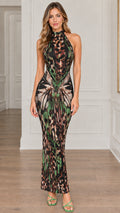 Green Multi halter neck butterfly print sleeveless maxi dress
