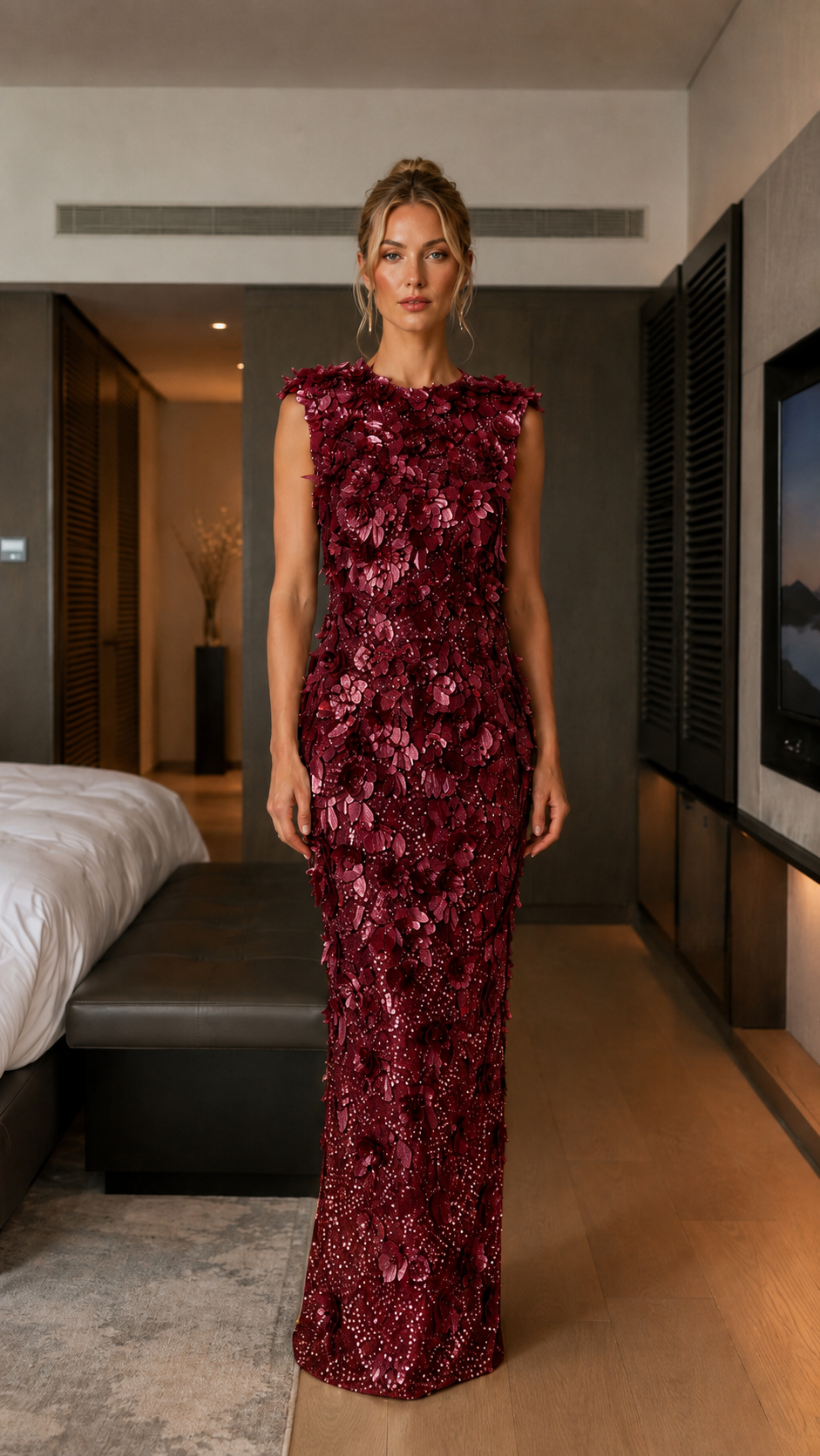 Front view of burgundy sleeveless sequin floral evening gown in full length