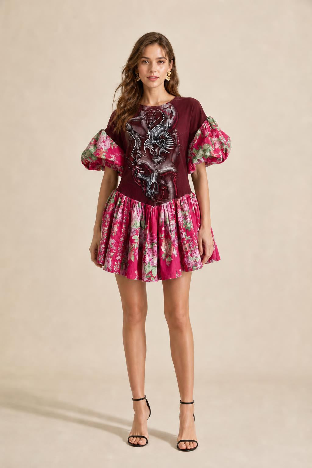 Model wearing burgundy color variant of graphic puff sleeve mini dress