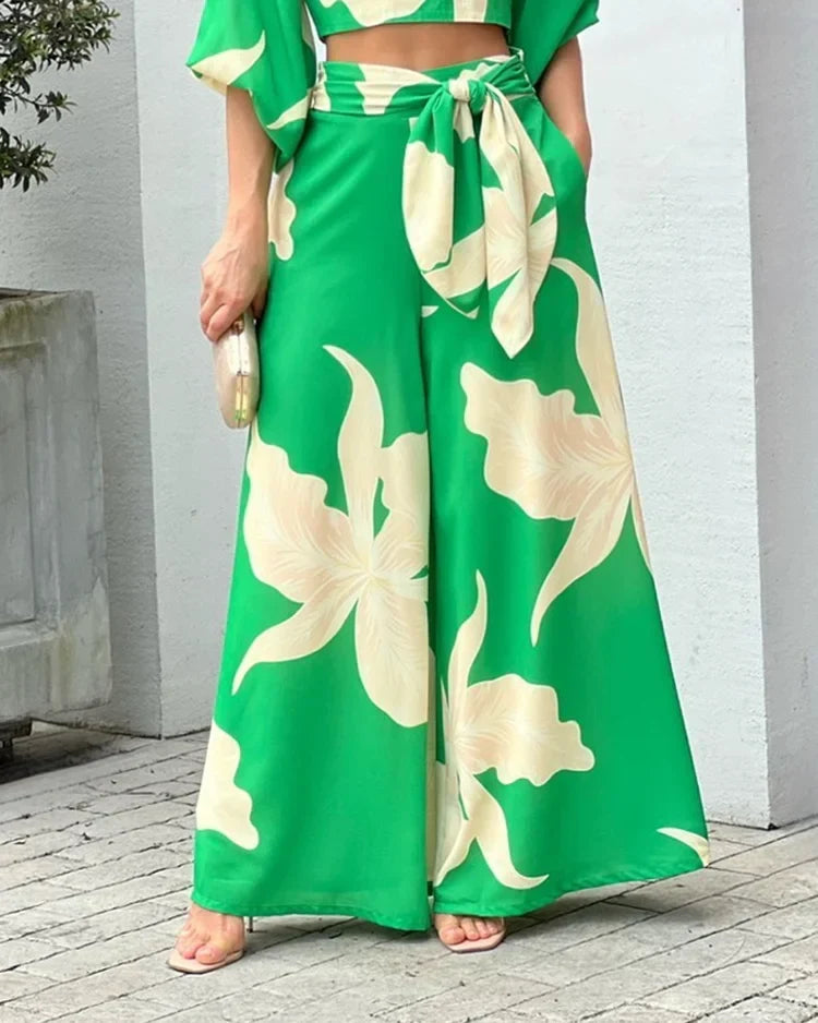 Print V-Neck Long Sleeve Top & Wide Leg Pants Two-Piece Set