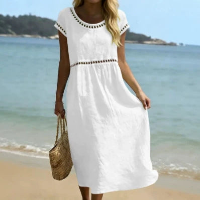 Elegant Round-Neck Cotton-Linen Dress With Embroidered Lace Trim
