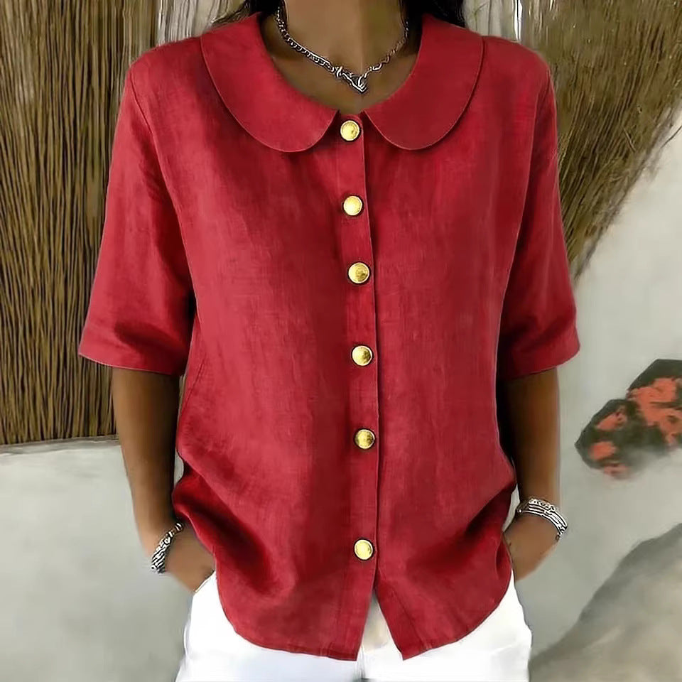 Elegant And Cotton-Linen Short-Sleeve Shirt With Buttons
