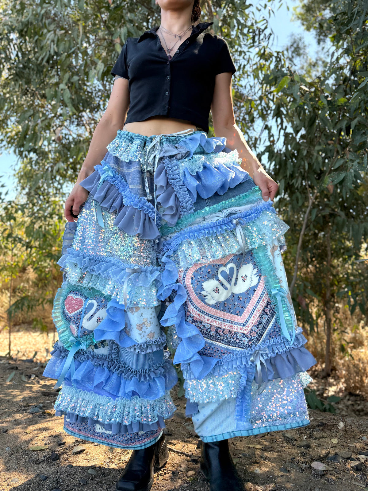 Upcycled Adjustable-Waist Ruffle Pants