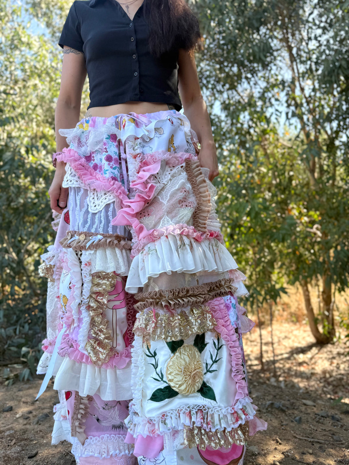 Upcycled Adjustable-Waist Ruffle Pants