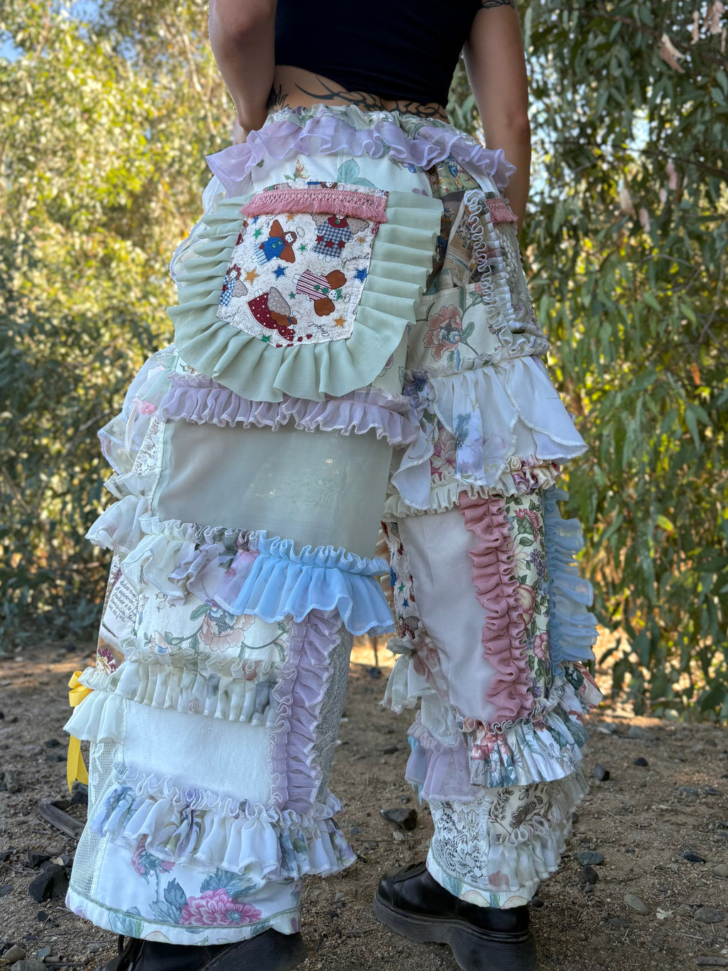 Upcycled Adjustable-Waist Ruffle Pants